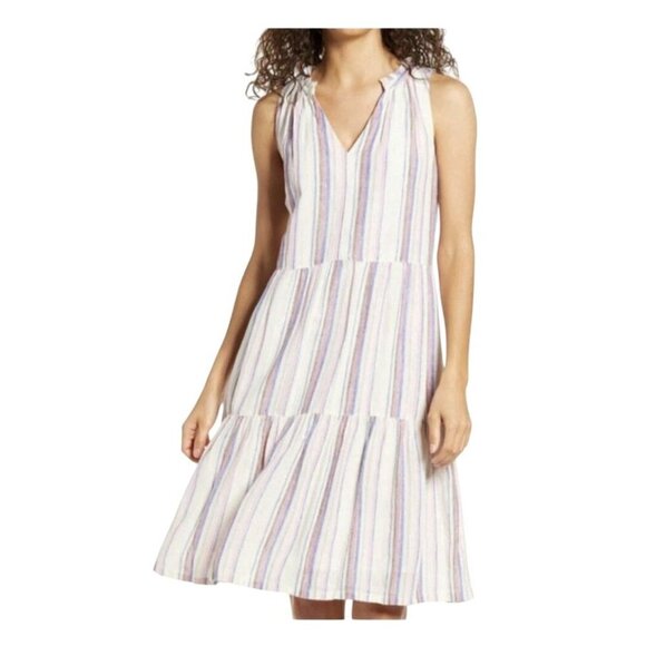 Tommy Bahama Sleeveless Striped V-Neck Tiered Midi Dress Large Linen Boho - Picture 1 of 9